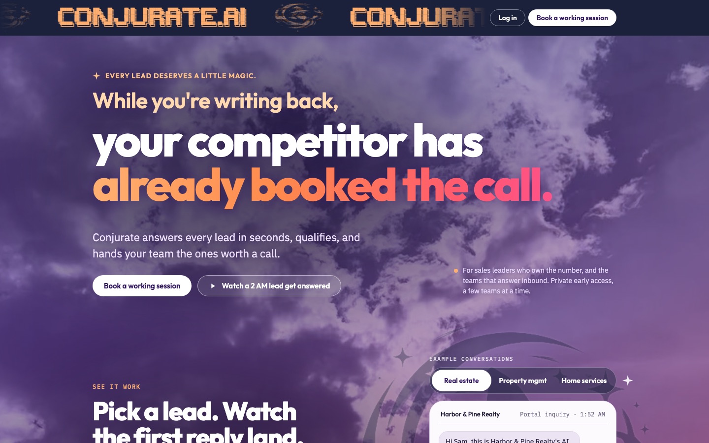 Conjurate homepage: While you're writing back, your competitor has already booked the call.